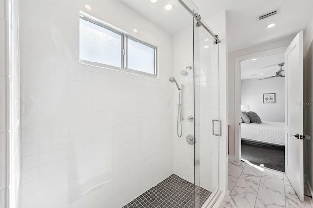 ensuite bathroom with visible vents, ensuite bath, recessed lighting, a stall shower, and marble finish floor