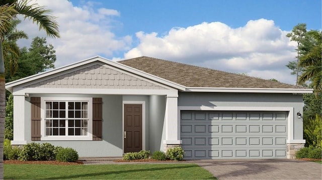 view of front of home with stucco siding, a shingled roof, decorative driveway, and a garage