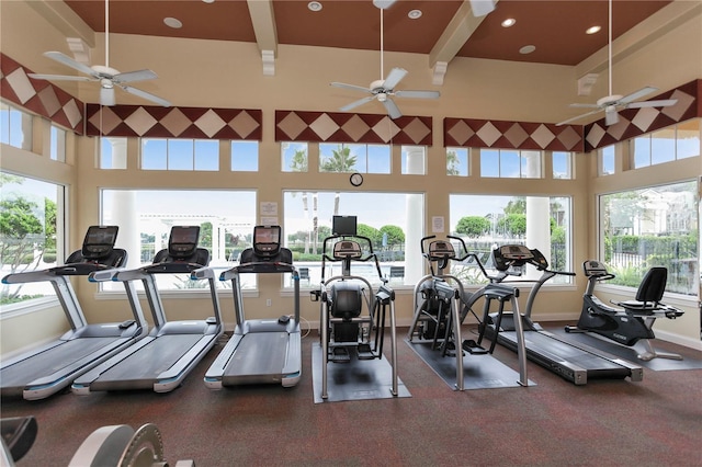 gym with plenty of natural light, recessed lighting, baseboards, and a ceiling fan