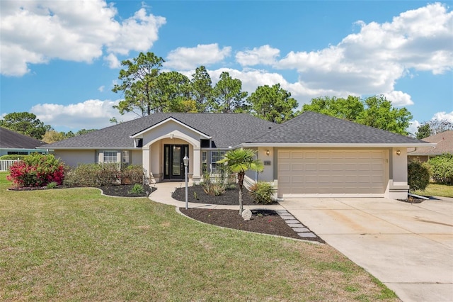 ranch-style home with a front lawn, concrete driveway, roof with shingles, stucco siding, and an attached garage