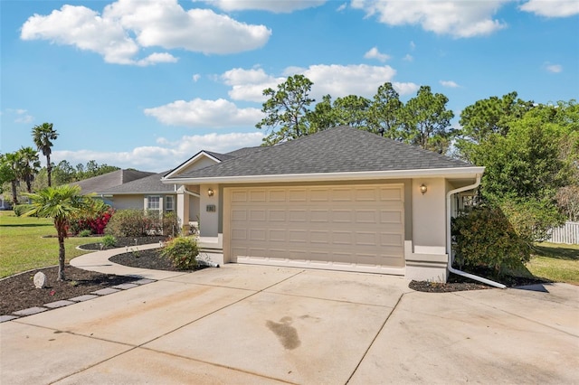 single story home featuring a front yard, roof with shingles, driveway, stucco siding, and a garage