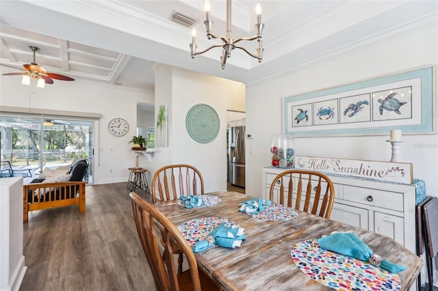 dining space featuring visible vents, ornamental molding, ceiling fan with notable chandelier, wood finished floors, and coffered ceiling