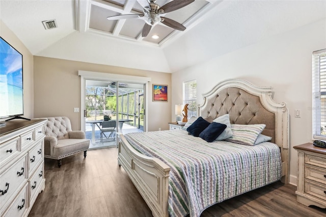 bedroom featuring dark wood-style floors, visible vents, coffered ceiling, and access to outside