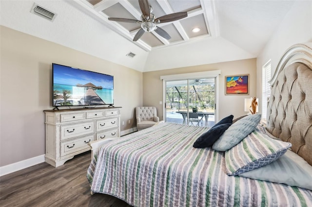 bedroom featuring baseboards, visible vents, coffered ceiling, access to exterior, and dark wood-type flooring