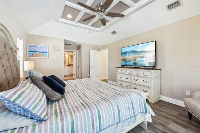 bedroom with visible vents, baseboards, coffered ceiling, and dark wood-style flooring