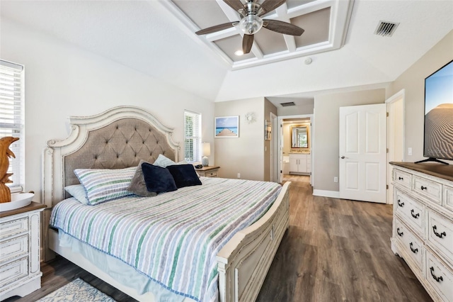 bedroom featuring multiple windows, dark wood-style floors, visible vents, and baseboards