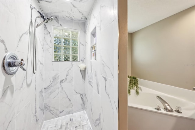 full bath with a bath and a marble finish shower