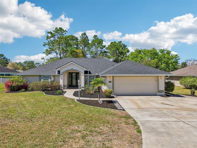 single story home with stucco siding, a front lawn, concrete driveway, a shingled roof, and a garage