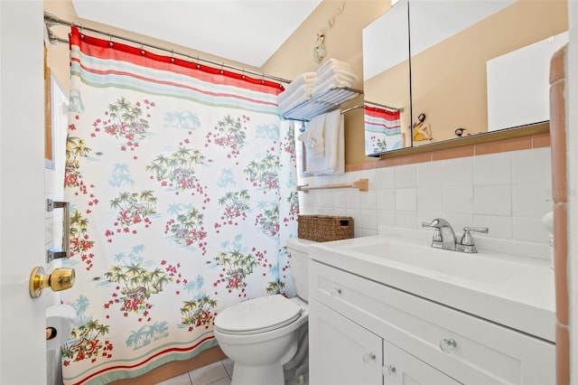 full bath featuring vanity, tile patterned flooring, curtained shower, tile walls, and toilet