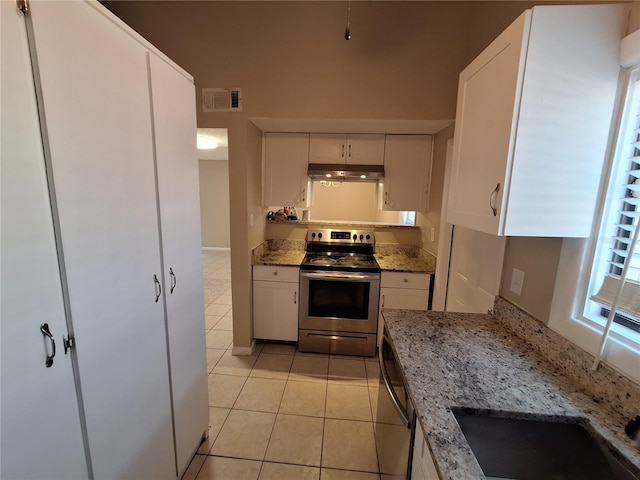 kitchen featuring under cabinet range hood, visible vents, white cabinets, and stainless steel appliances