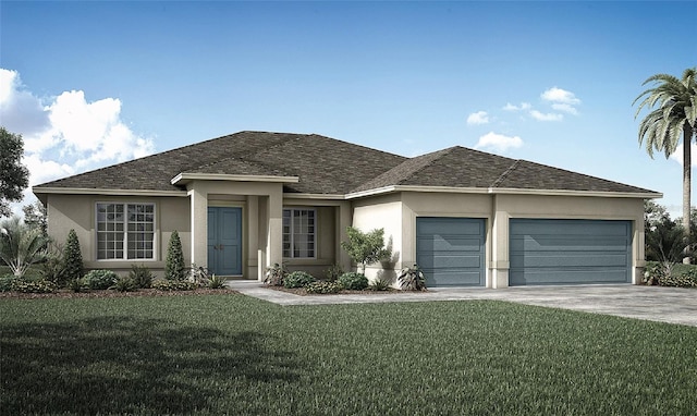 single story home featuring a front yard, driveway, a shingled roof, stucco siding, and a garage