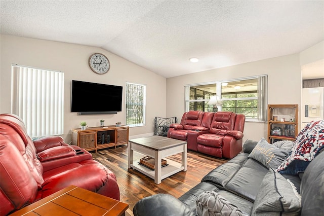 living room featuring a textured ceiling, wood finished floors, and vaulted ceiling