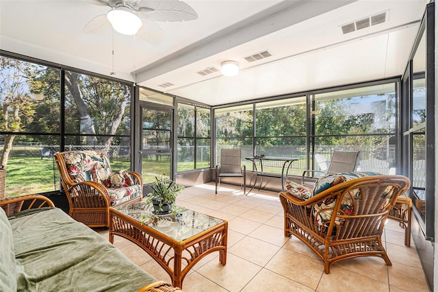 sunroom / solarium with visible vents and ceiling fan