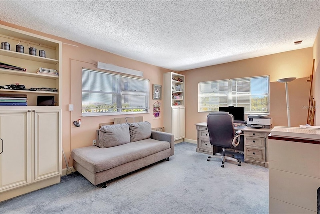 home office featuring light carpet, plenty of natural light, and a textured ceiling