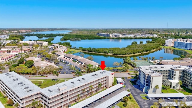 aerial view featuring a water view