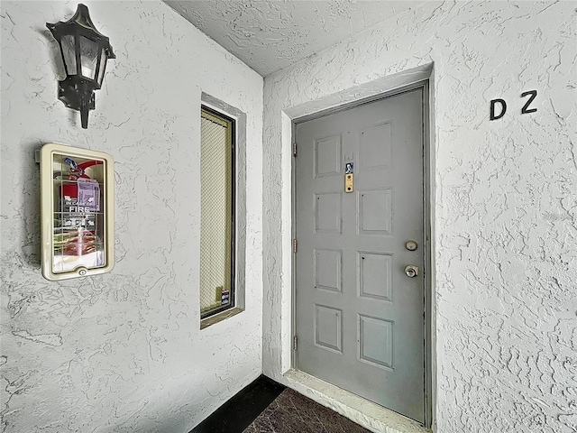 doorway to property with stucco siding