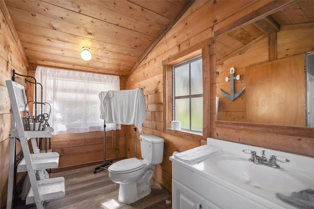 half bathroom with vaulted ceiling, wood finished floors, wood walls, and wooden ceiling