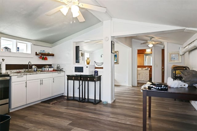 kitchen featuring vaulted ceiling, white microwave, dark wood-type flooring, and ceiling fan