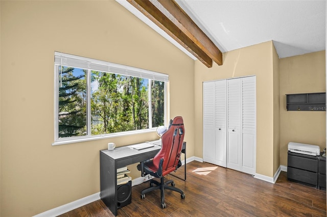 office with lofted ceiling with beams, baseboards, and wood finished floors