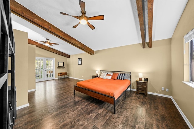 bedroom with a ceiling fan, wood finished floors, french doors, baseboards, and vaulted ceiling with beams