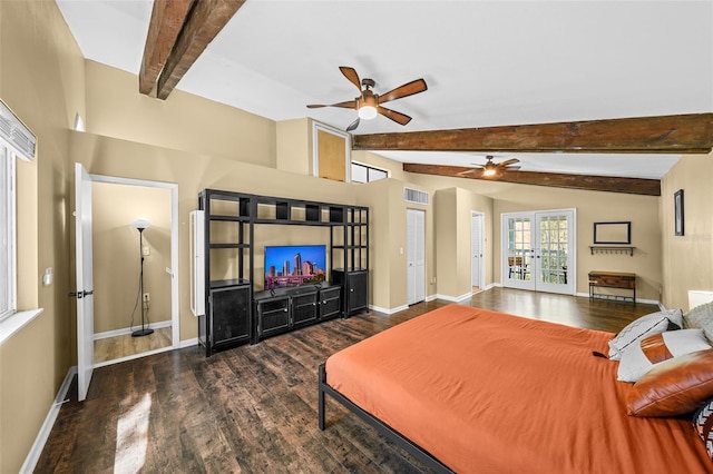 bedroom featuring visible vents, baseboards, beamed ceiling, french doors, and wood finished floors