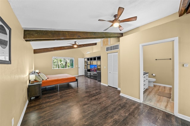 bedroom with lofted ceiling with beams, visible vents, baseboards, and wood finished floors