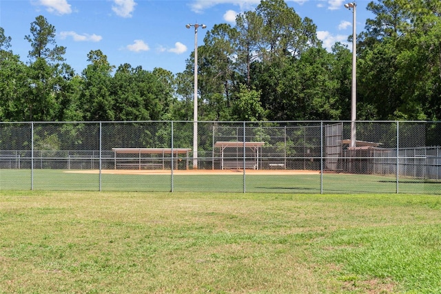 view of community featuring a yard and fence