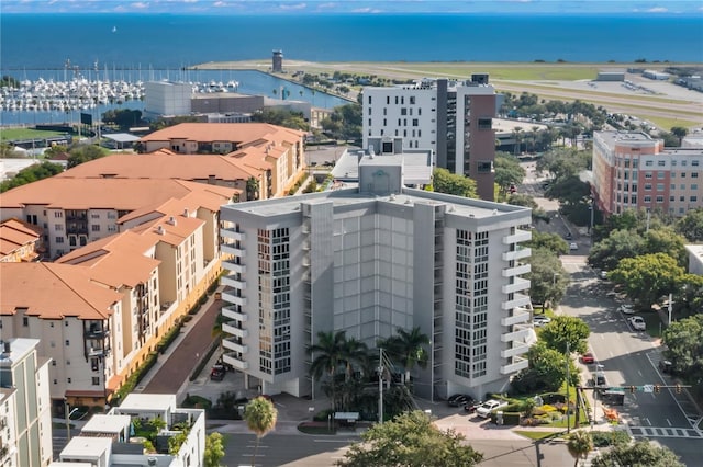 aerial view with a view of city and a water view