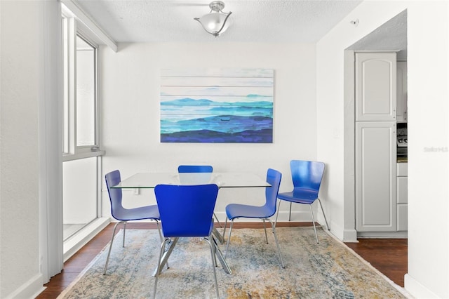 dining room featuring wood finished floors, baseboards, and a textured ceiling