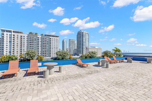 view of pool with a patio and a view of city