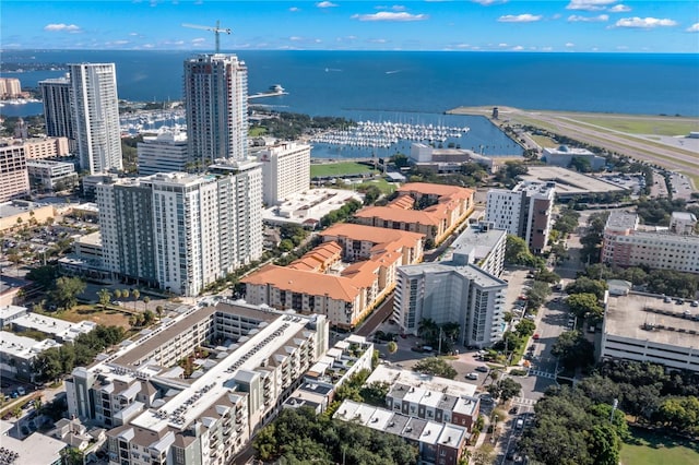 bird's eye view featuring a city view and a water view