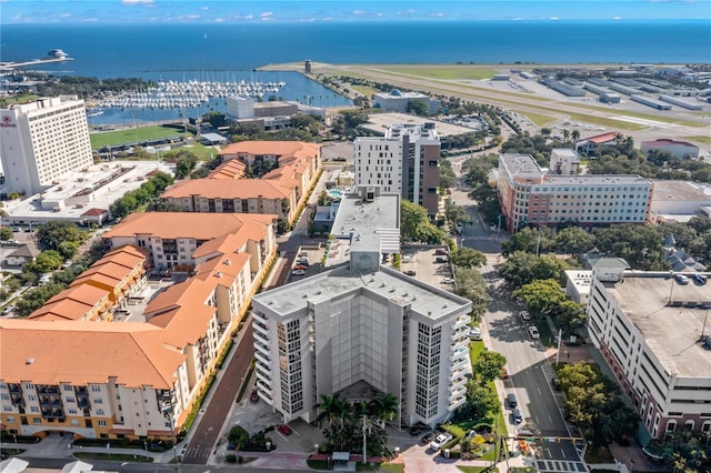 aerial view with a city view and a water view