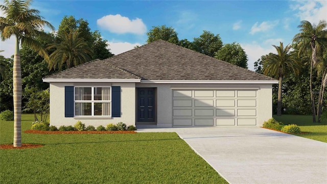 ranch-style house with a front yard, an attached garage, a shingled roof, stucco siding, and concrete driveway