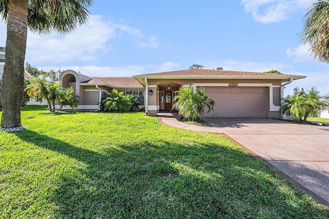 single story home featuring stucco siding, an attached garage, concrete driveway, and a front lawn