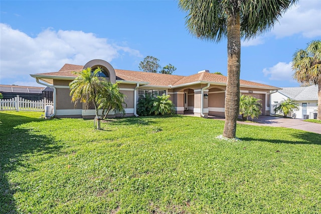 view of front of property featuring a front lawn, fence, a garage, and driveway