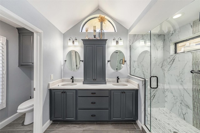 bathroom with a marble finish shower, toilet, lofted ceiling, and a sink