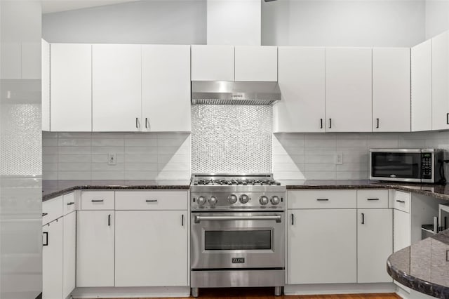 kitchen with backsplash, under cabinet range hood, dark stone countertops, white cabinets, and stainless steel appliances