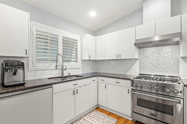 kitchen featuring extractor fan, premium stove, vaulted ceiling, white dishwasher, and a sink