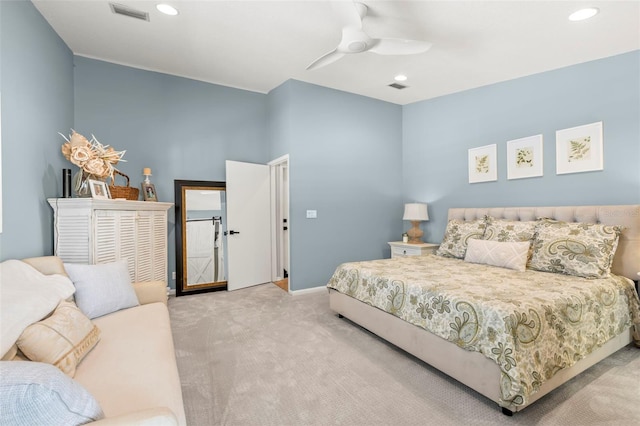 carpeted bedroom featuring visible vents, recessed lighting, baseboards, and ceiling fan