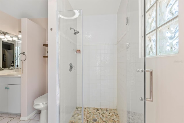 full bath featuring vanity, a shower stall, toilet, and tile patterned floors