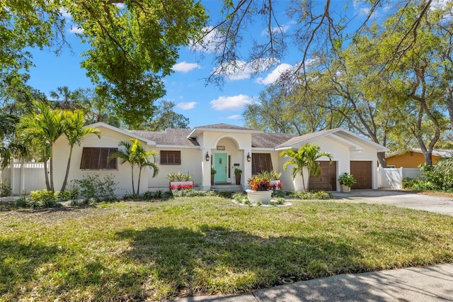 view of front of house featuring fence, a front yard, stucco siding, driveway, and an attached garage