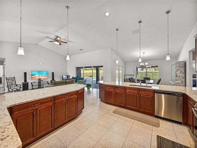 kitchen featuring a ceiling fan, a sink, open floor plan, light tile patterned floors, and dishwasher