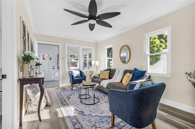 living room featuring a ceiling fan, crown molding, baseboards, and wood finished floors