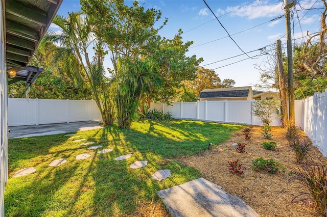 view of yard featuring a patio area and a fenced backyard