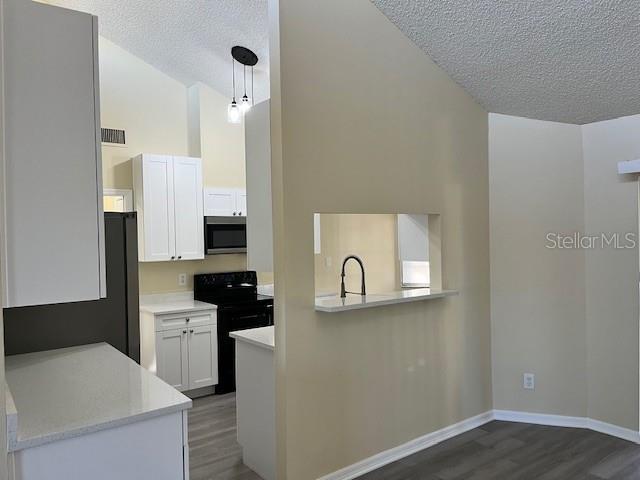 kitchen with dark wood-style floors, light countertops, black electric range, a textured ceiling, and stainless steel microwave