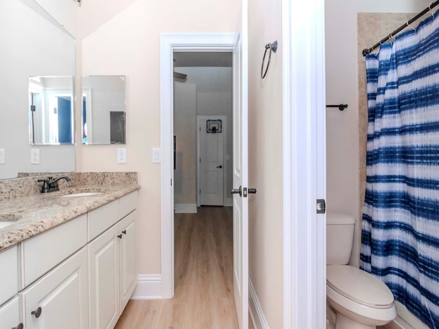 bathroom with wood finished floors, baseboards, double vanity, a sink, and toilet