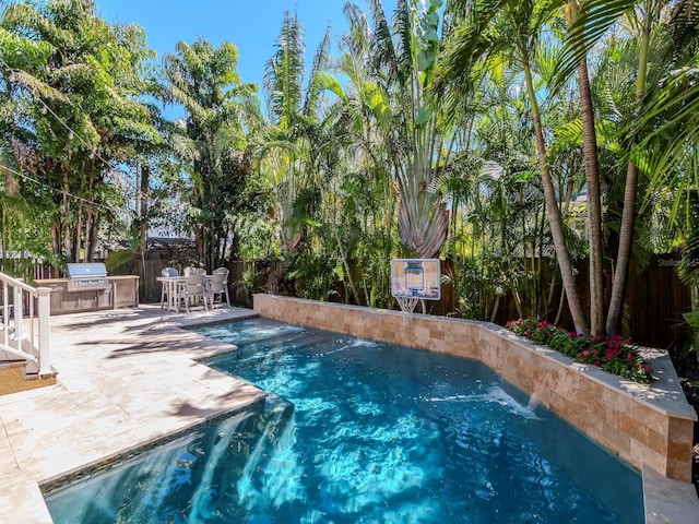 view of pool with area for grilling, a fenced backyard, grilling area, outdoor dining area, and a patio area