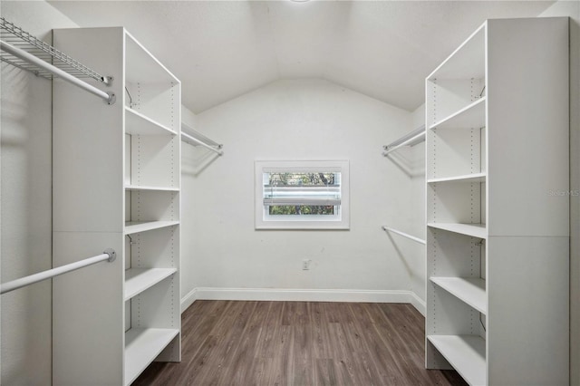 walk in closet featuring dark wood finished floors and vaulted ceiling