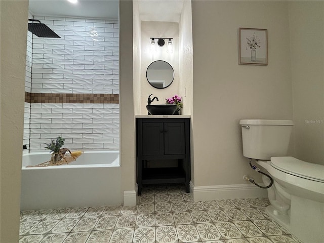 bathroom featuring toilet, a washtub, tile patterned flooring, baseboards, and walk in shower