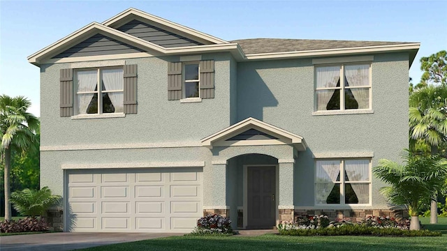 view of front of property with a garage, stone siding, and stucco siding